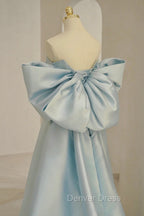 Blue Satin Long Prom Dresses with Big Bow, Blue A-Line Evening Party Dresses
