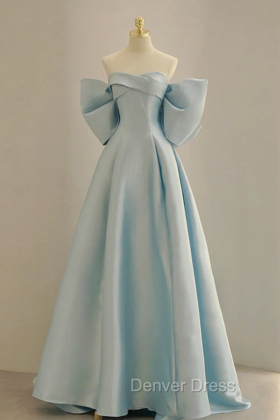 Blue Satin Long Prom Dresses with Big Bow, Blue A-Line Evening Party Dresses Secondary image