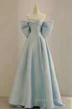 Blue Satin Long Prom Dresses with Big Bow, Blue A-Line Evening Party Dresses