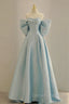 Blue Satin Long Prom Dresses with Big Bow, Blue A-Line Evening Party Dresses
