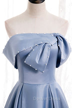 Blue Satin Long Prom Dress with Pearls, Blue A Line Strapless Prom Dresses