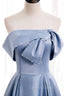 Blue Satin Long Prom Dress with Pearls, Blue A Line Strapless Prom Dresses