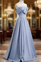 Blue Satin Long Prom Dresses with Pearls, Blue A-Line Strapless Party Dresses