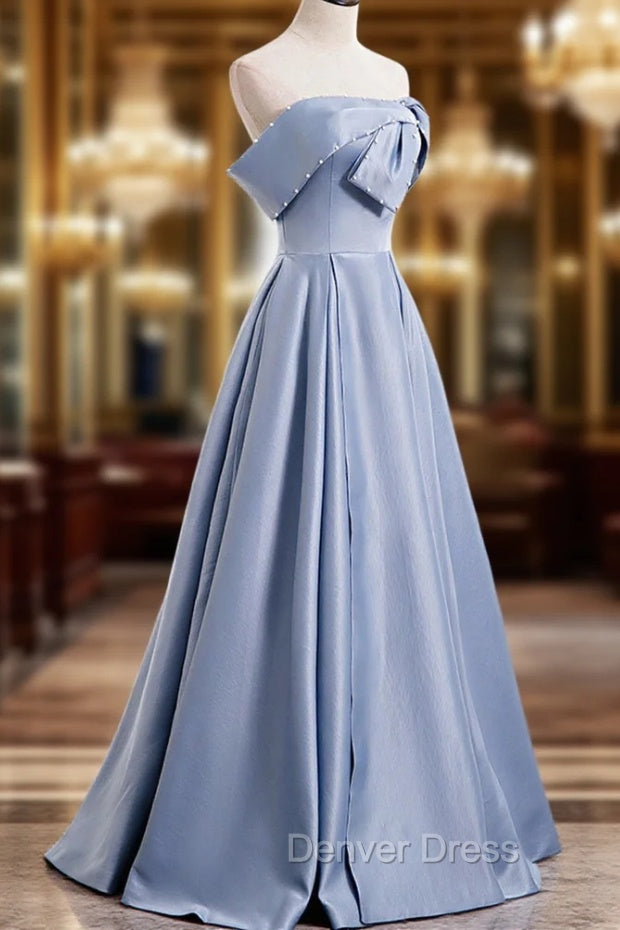 Blue Satin Long Prom Dresses with Pearls, Blue A-Line Strapless Party Dresses