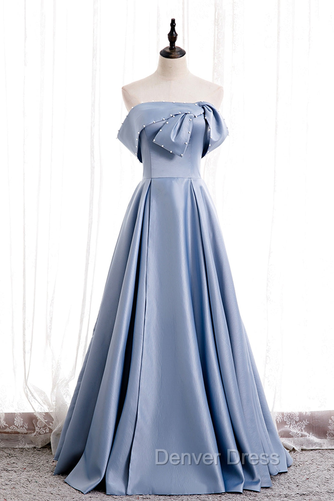 Blue Satin Long Prom Dress with Pearls, Blue A Line Strapless Prom Dresses