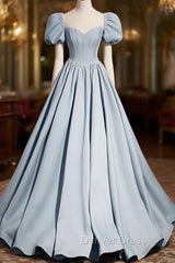 Blue Satin Long Prom Dresses with Pearls, Blue Short Sleeves A-line Evening Dresses