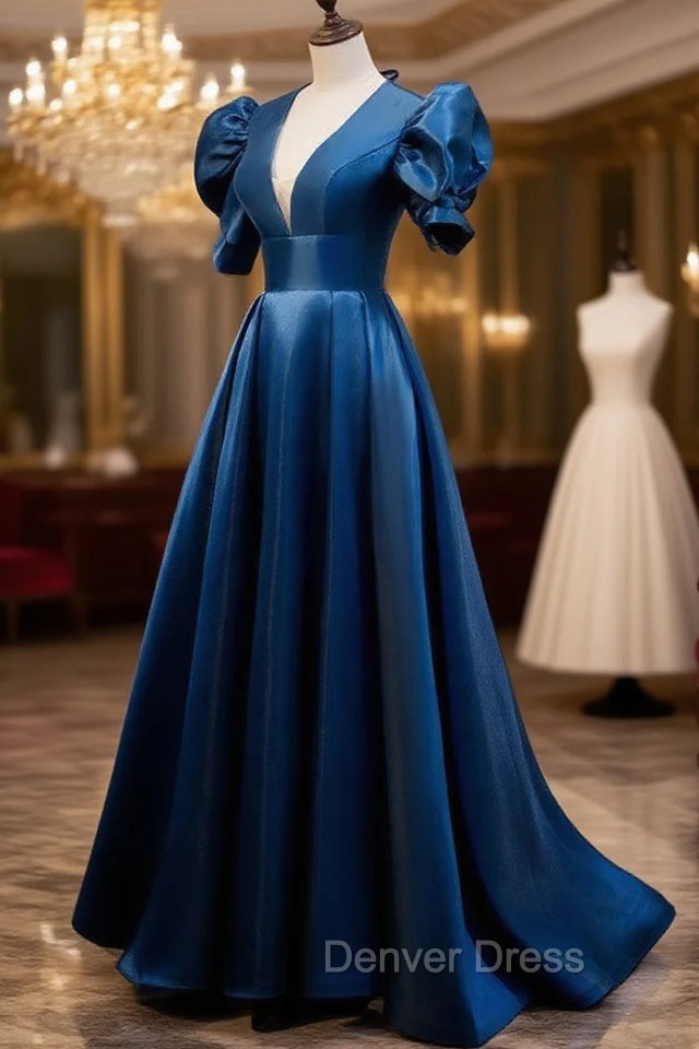 Blue Satin Long Prom Dresses with Short Sleeves, Blue Evening Formal Dresses Secondary image