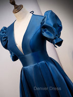 Blue Satin Long Prom Dresses with Short Sleeves, Blue Evening Formal Dresses