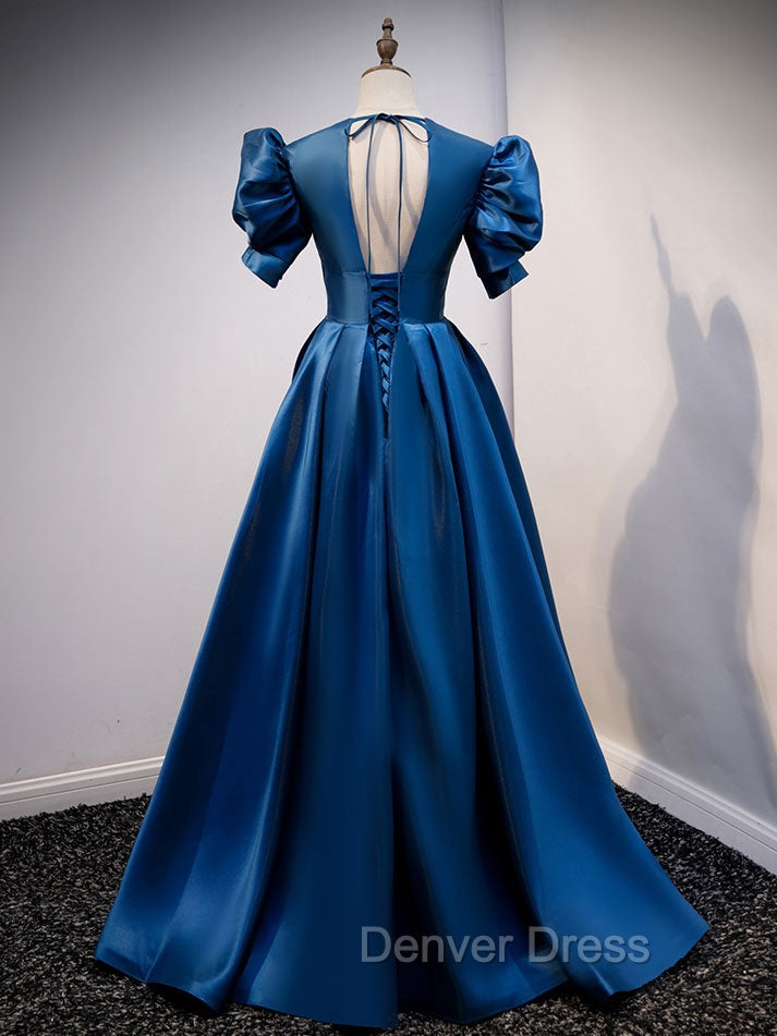 Blue Satin Long Prom Dresses with Short Sleeves, Blue Evening Formal Dresses