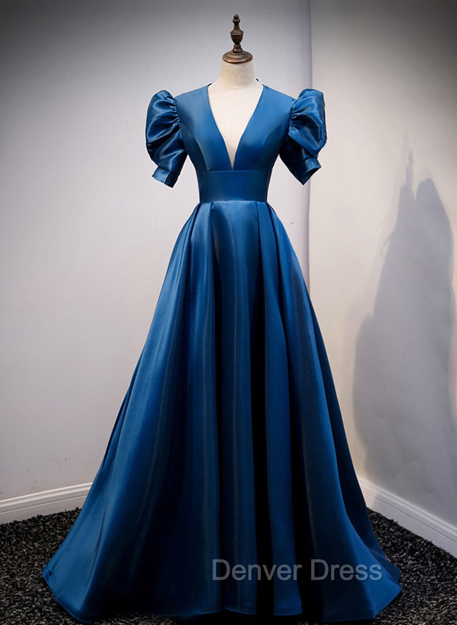 Blue Satin Long Prom Dresses with Short Sleeves, Blue Evening Formal Dresses Main image