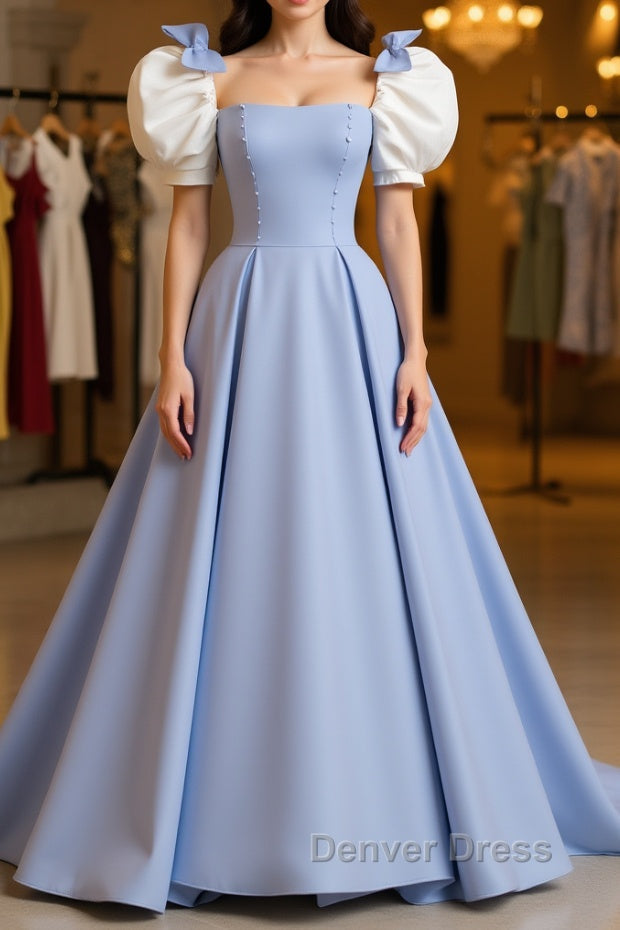 Blue Satin Long Prom Dress, Blue Prom Graduation Dresses Main image