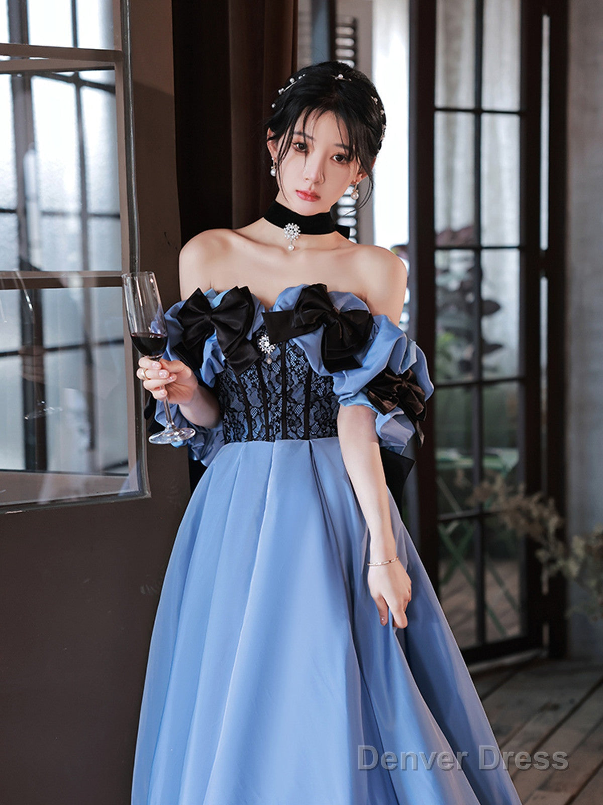 Blue Satin Off Shoulder Black Lace Long Party Dress, A-Line Blue Prom Dress Evening Dress