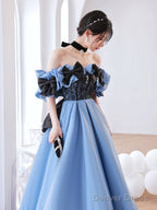 Blue Satin Off Shoulder Black Lace Long Party Dress, A-Line Blue Prom Dress Evening Dress