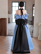 Blue Satin Off Shoulder Black Lace Long Party Dress, A-Line Blue Prom Dress Evening Dress