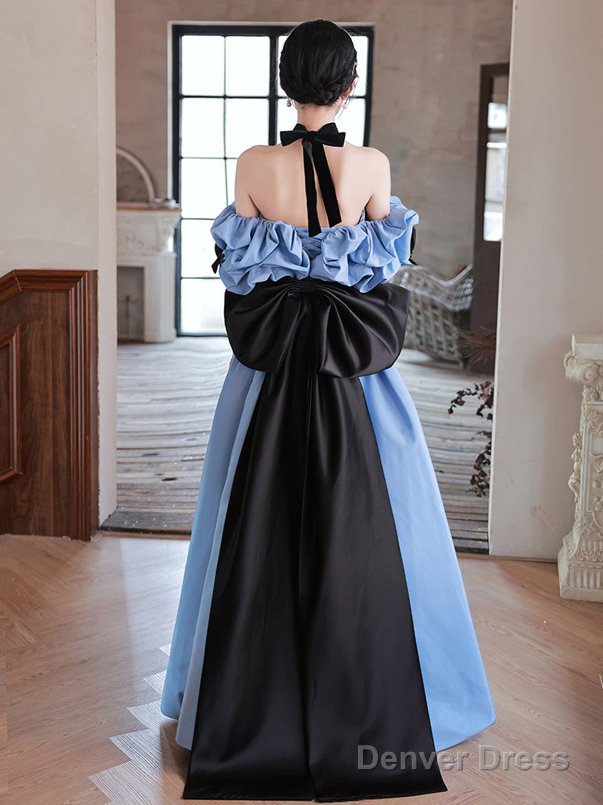 Blue Satin Off Shoulder Black Lace Long Party Dress, A-Line Blue Prom Dress Evening Dress