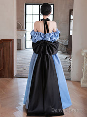 Blue Satin Off Shoulder Black Lace Long Party Dress, A-Line Blue Prom Dress Evening Dress