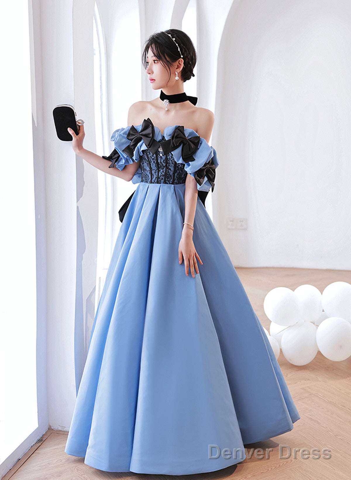 Blue Satin Off Shoulder Black Lace Long Party Dress, A-Line Blue Prom Dress Evening Dress Main image
