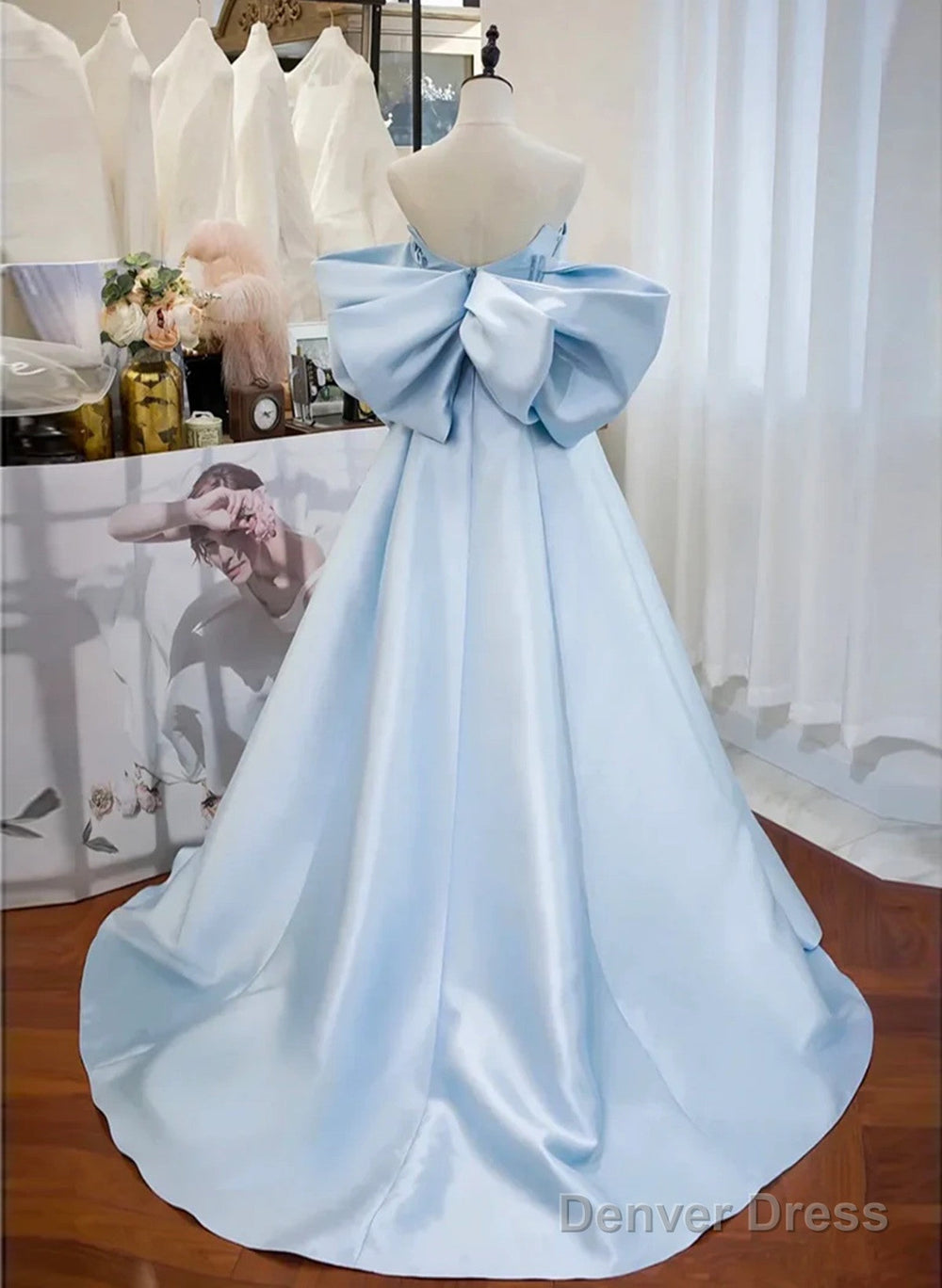 Blue Satin Off Shoulder Long Formal Dress, Blue Long Evening Dress Pro