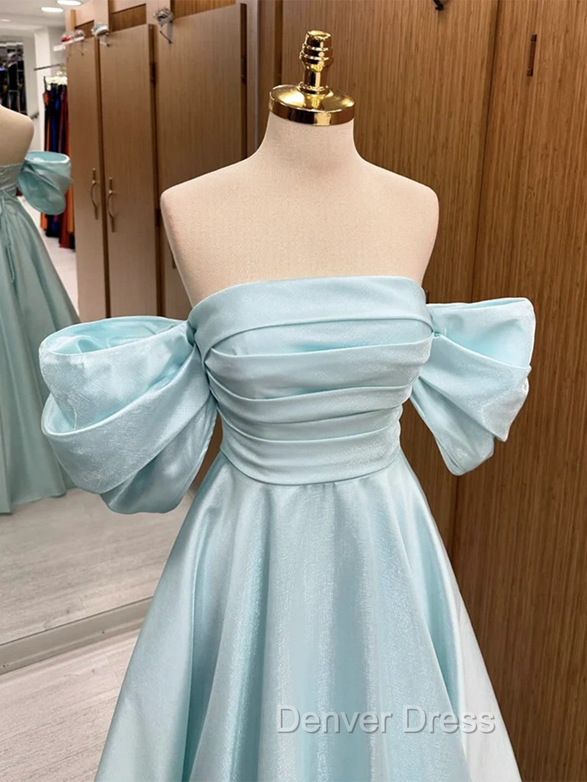Blue Satin Off Shoulder Long Party Dresses, A-line Blue Prom Dresses Secondary image