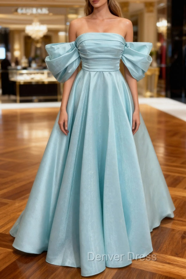 Blue Satin Off Shoulder Long Party Dresses, A-line Blue Prom Dresses
