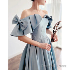 Blue Satin Off Shoulder Long Prom Dress With Bow, A-Line Party Dress