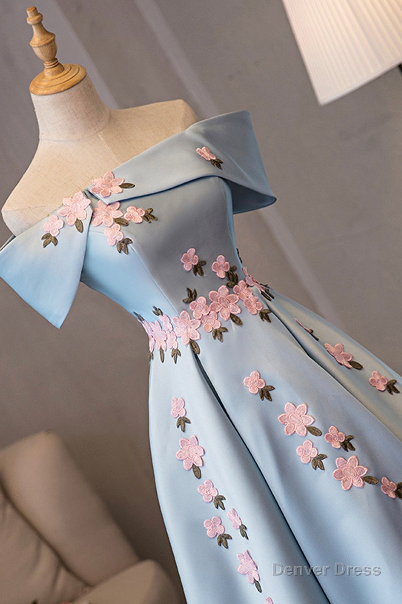 Blue Satin Off the Shoulder Prom Dress,A Line Homecoming Dresses