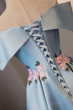Blue Satin Off the Shoulder Prom Dress,A Line Homecoming Dresses