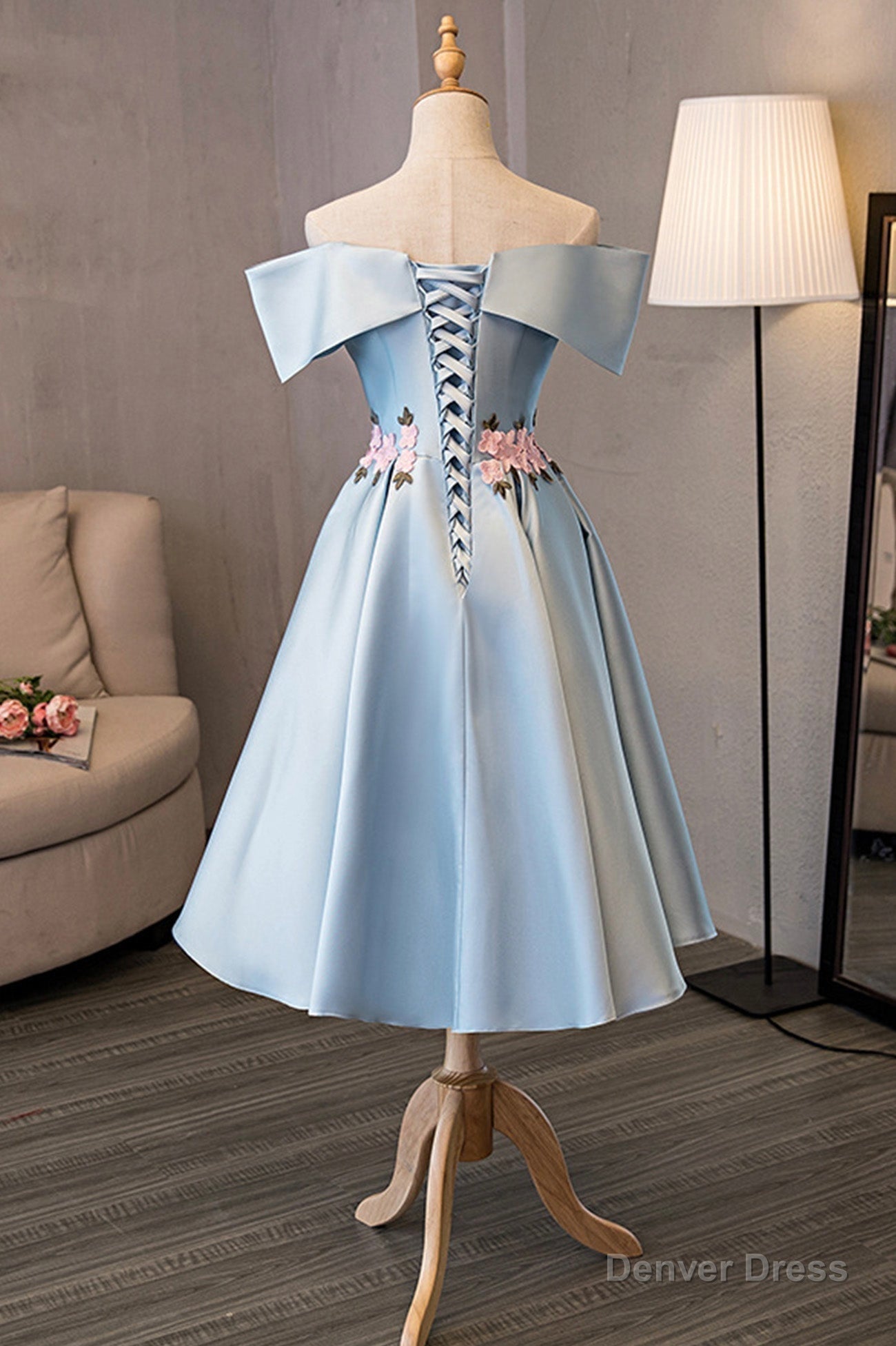 Blue Satin Off the Shoulder Prom Dress,A Line Homecoming Dresses