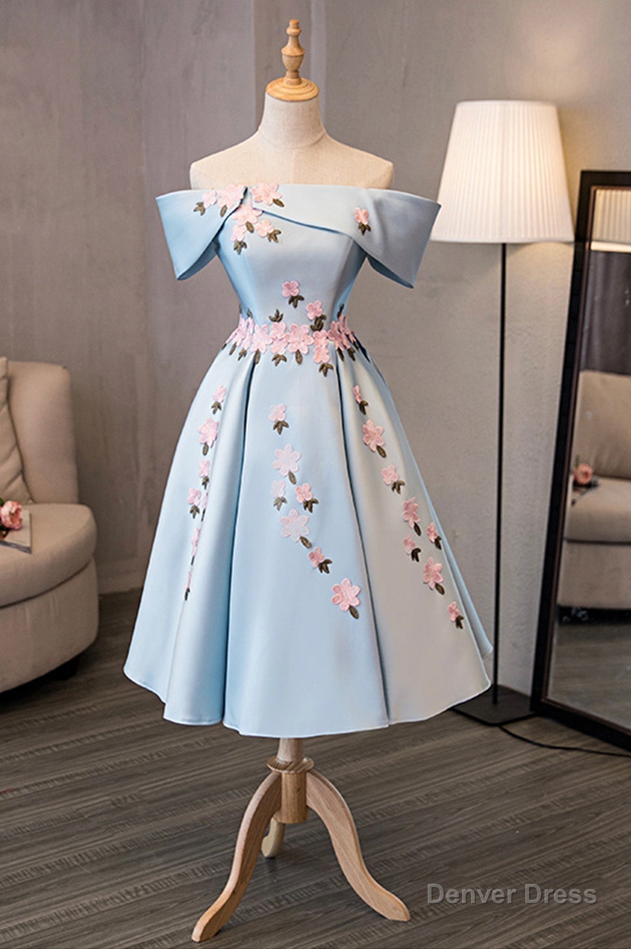 Blue Satin Off the Shoulder Prom Dress,A Line Homecoming Dresses