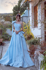 Blue Satin One Shoulder Floor Length Prom Dress, Blue A-Line Evening Party Dress
