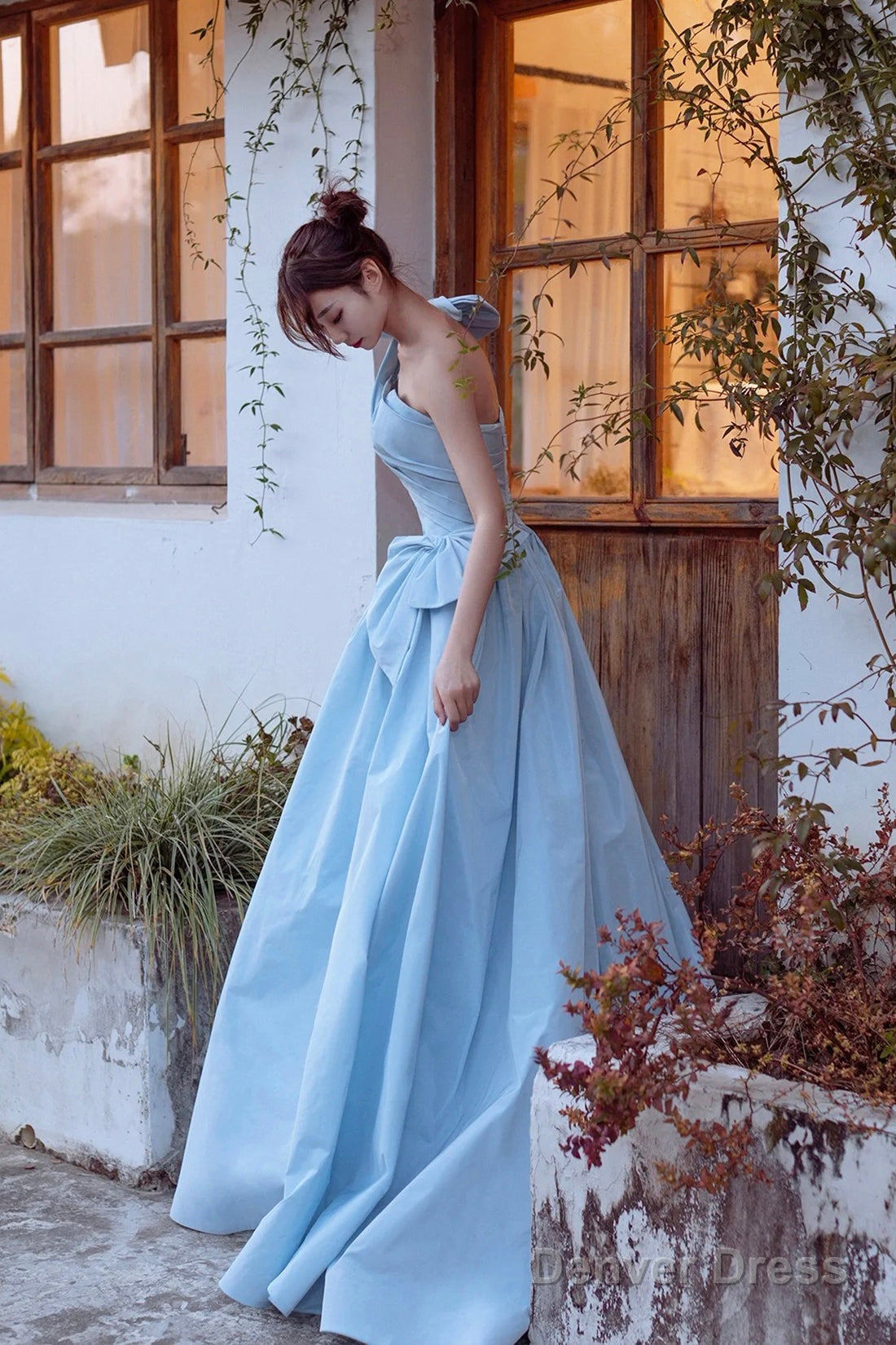 Blue Satin One Shoulder Floor Length Prom Dress, Lovely A-Line Evening Party Dress Secondary image