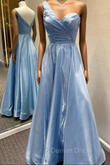 Blue Satin One Shoulder Pleats Prom Dresses