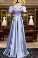 Blue Satin Puff Sleeve Pearls Beading Prom Dresses