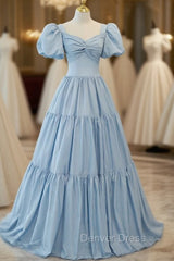 Blue Satin Puff Sleeve Pleats Prom Dresses