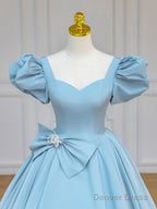 Blue Satin Puff Sleeves Long Prom Gown, Blue Long Sweet 16 Dress