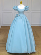 Blue Satin Puff Sleeves Long Prom Gown, Blue Long Sweet 16 Dress