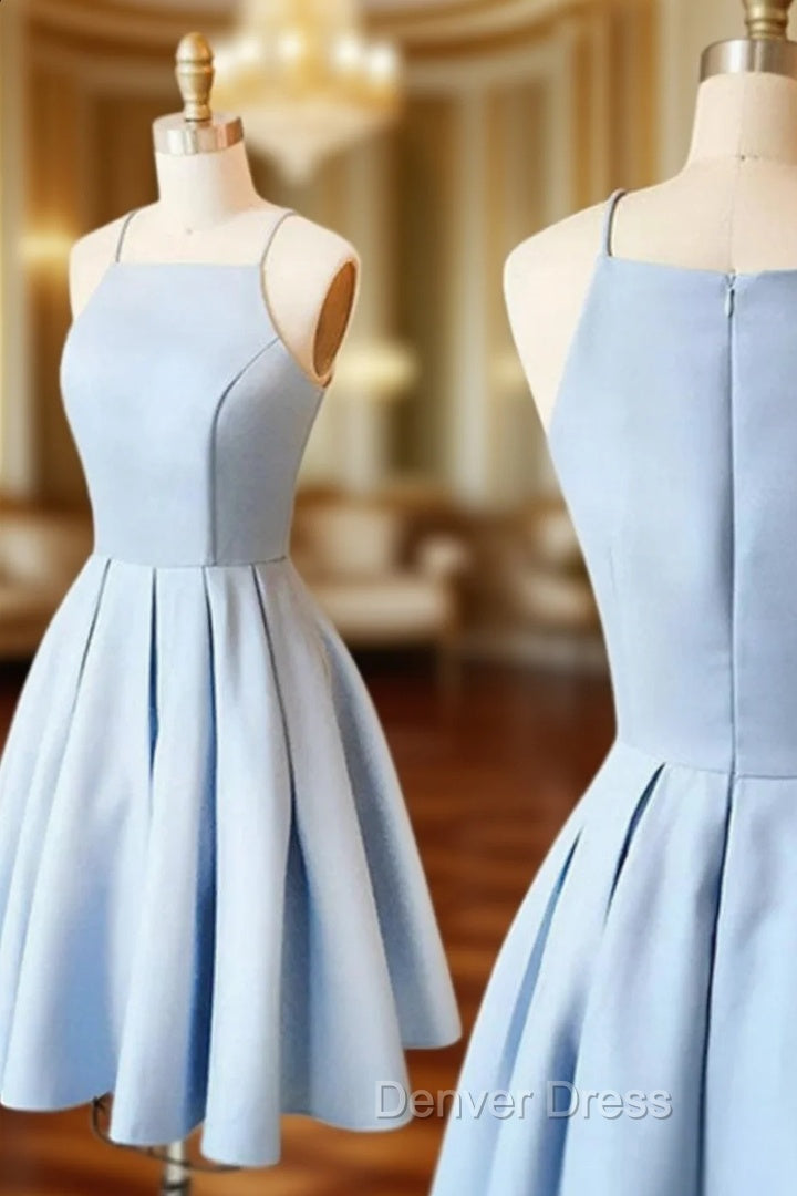 Blue Satin Short Halter Prom Dress Light Blue Short Homecoming Dress prom Dresses shops Main image