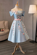 Blue Satin Short Prom Dress With Flowers, Blue Knee Length Homecoming Dresses