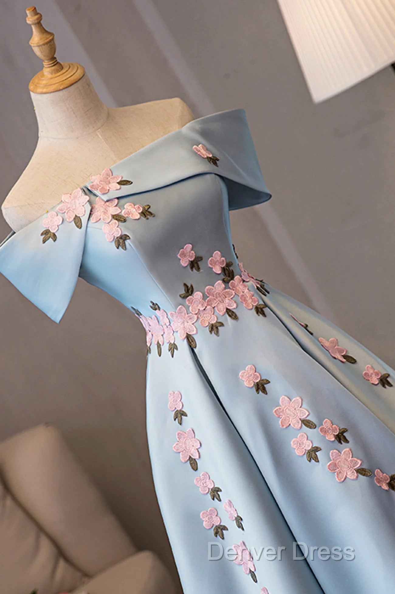 Blue Satin Short Prom Dress With Flowers, Blue Knee Length Homecoming Dresses