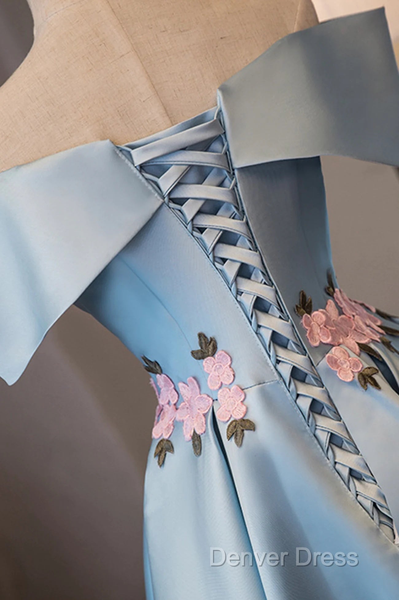 Blue Satin Short Prom Dress With Flowers, Blue Knee Length Homecoming Dresses