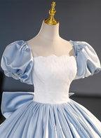 Blue Satin Short Sleeves Long Prom Dress, Blue Satin Sweet 16 Dresses