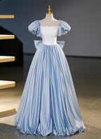 Blue Satin Short Sleeves Long Prom Dress, Blue Satin Sweet 16 Dresses