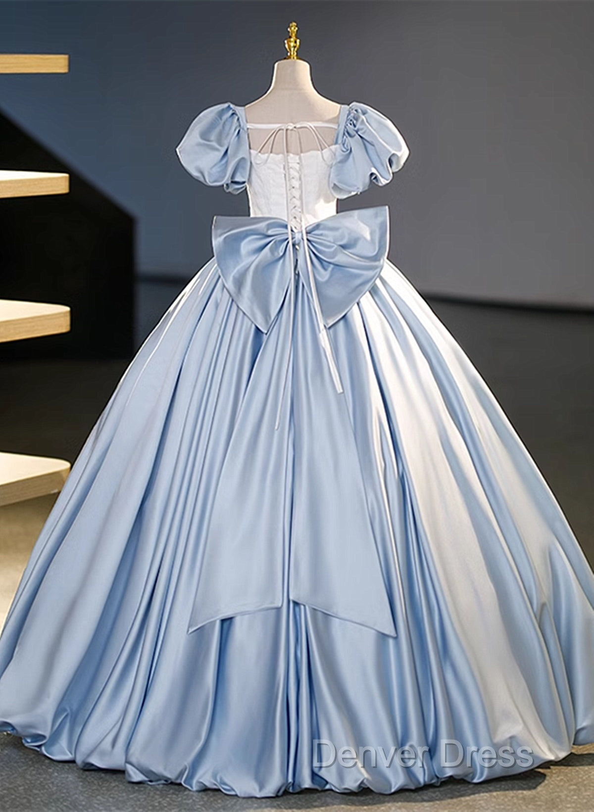 Blue Satin Short Sleeves Long Prom Dress, Blue Satin Sweet 16 Dresses