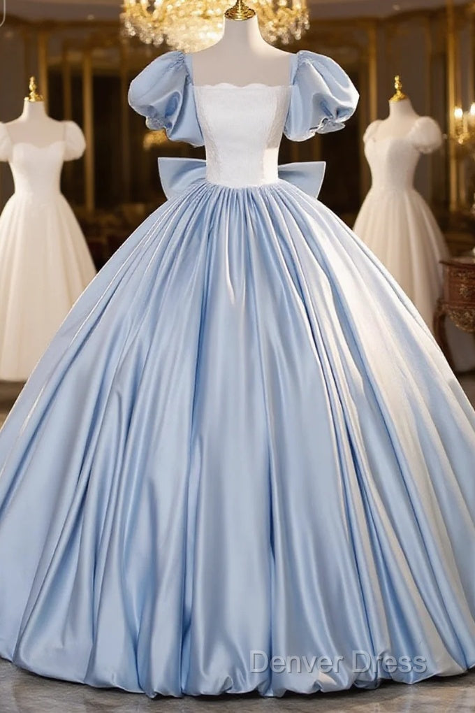 Blue Satin Short Sleeves Long Prom Dress, Blue Satin Sweet 16 Dresses Main image