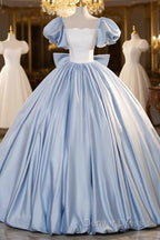 Blue Satin Short Sleeves Long Prom Dress, Blue Satin Sweet 16 Dresses