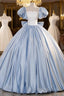 Blue Satin Short Sleeves Long Prom Dress, Blue Satin Sweet 16 Dresses