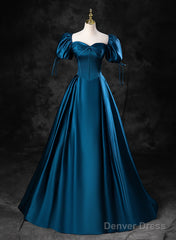 Blue Satin Short Sleeves Sweetheart Long Party Dress, Blue A-Line Prom Dress Evening Dress