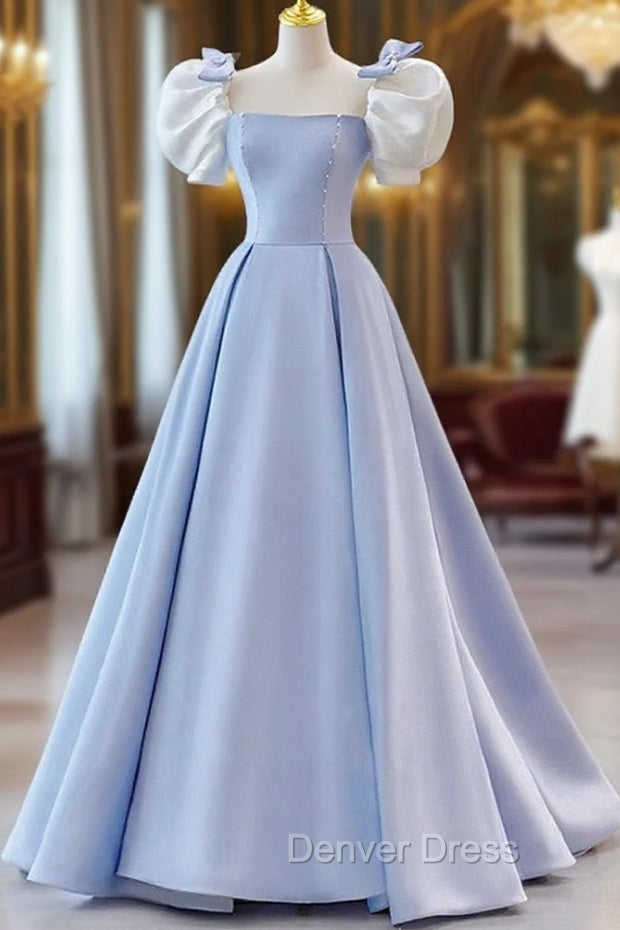 Blue Satin Short Sleeves with Bow Lace-up Party Dresses, Blue Prom Dresses Main image