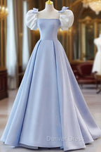 Blue Satin Short Sleeves with Bow Lace-up Party Dresses, Blue Prom Dresses
