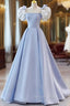Blue Satin Short Sleeves with Bow Lace-up Party Dresses, Blue Prom Dresses